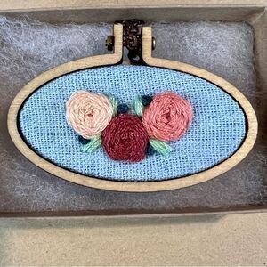 Floral Embroidered Pendant - Blue and Pink - handmade